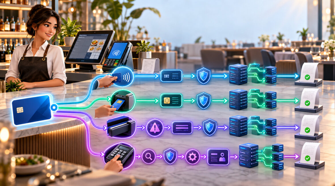 Restaurant tap, dip, fallback swipe and keyed payment processing paths