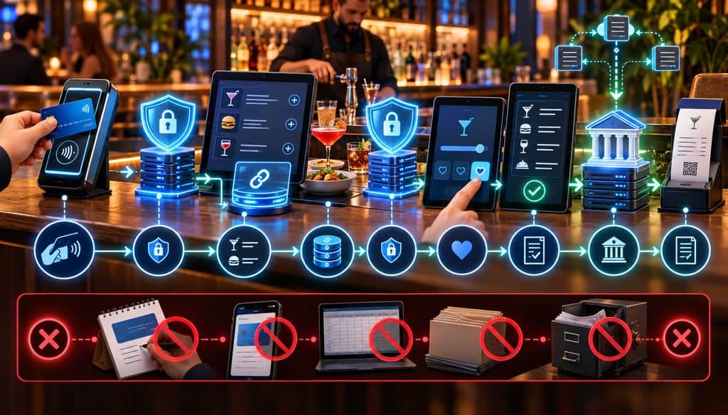 Bar tab preauthorization, tip adjustment and final settlement workflow