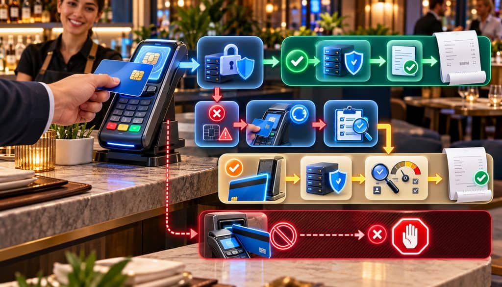 Restaurant EMV chip failure and valid fallback swipe workflow